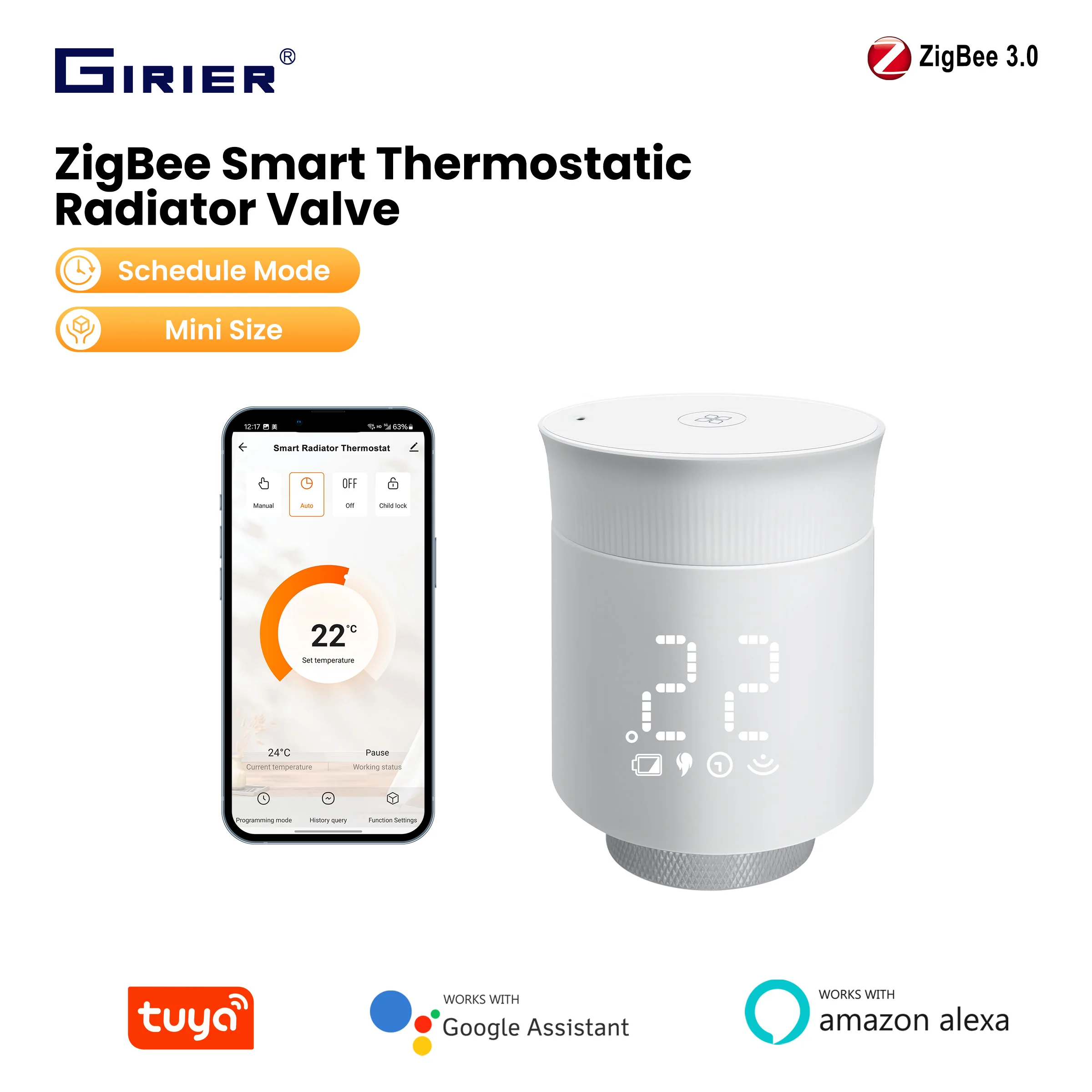 GIRIER TRV Tuya Smart Radiator Thermostat ZigBee Thermostatic Radiator Valve Programmable Temperature Controller Work with Alexa