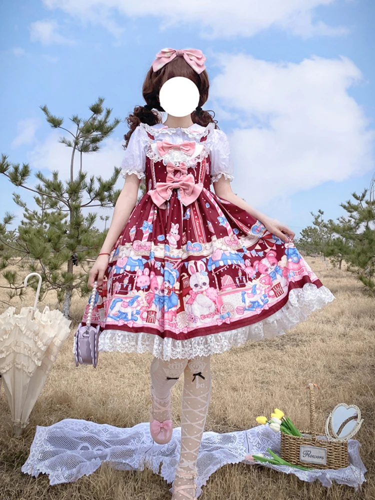 KIMOKOKM Kawaii Lolita Lovely Princess Style Dress Square Collar Bow Lace Ruffle Sleeveless Sweet Cartoon Printing Camisole Dres