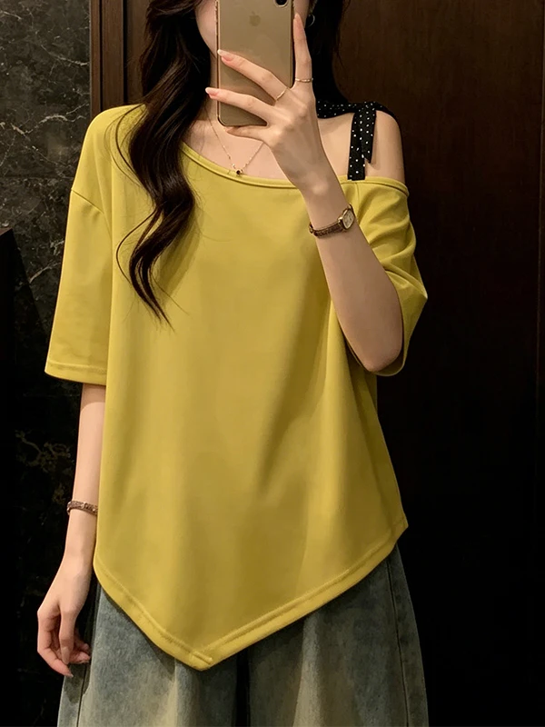 

Summer 2026 Women's Slimming Design Sensation T-Shirt Shoulder Bared Polka Dot Bow Tie Elegant Gentle Short Sleeve Korean Style