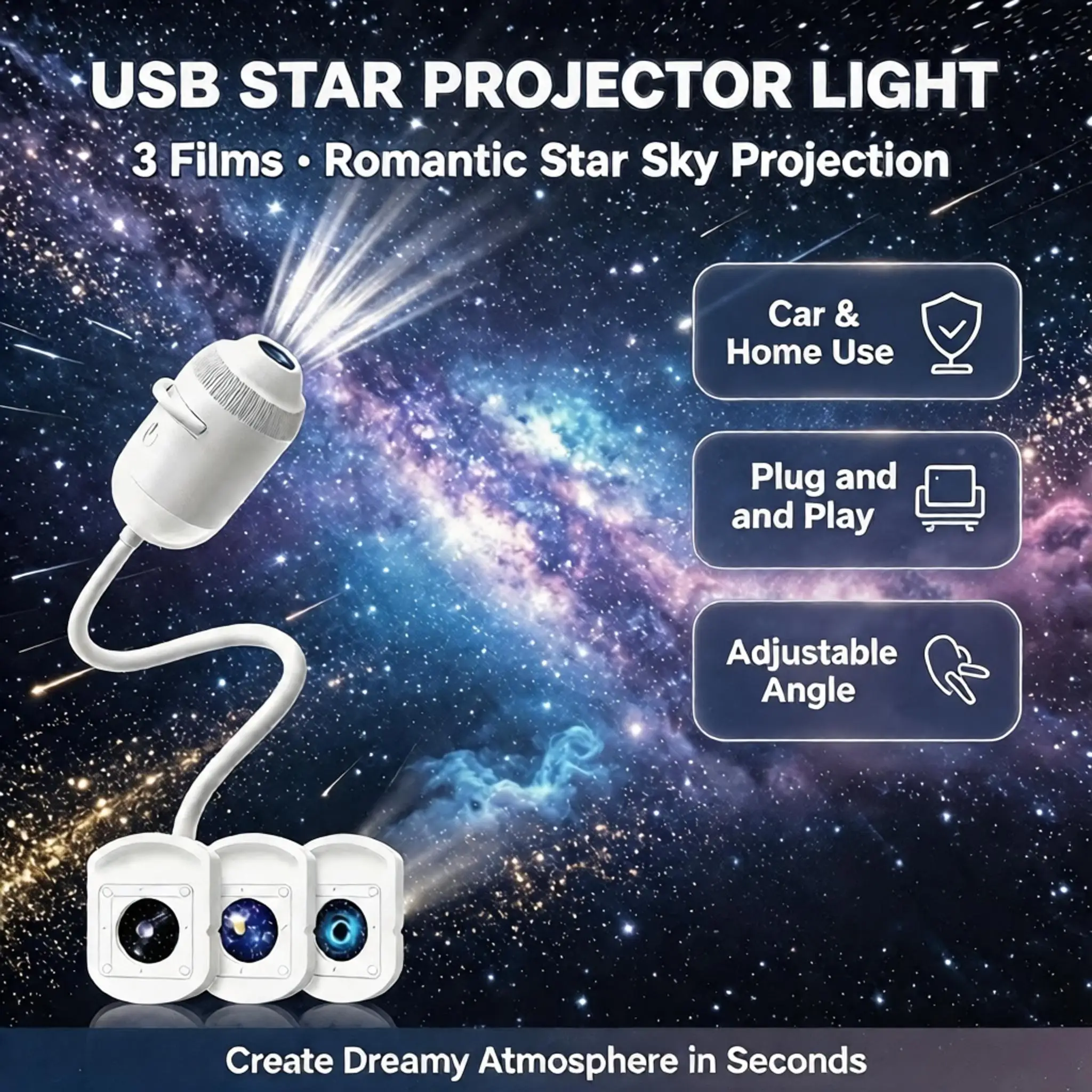 Mini USB Starry Sky Projector Light Smart Galaxy Starry Sky Projector 2-in-1 Night Light Replaceable For Car Interior & Bedroom