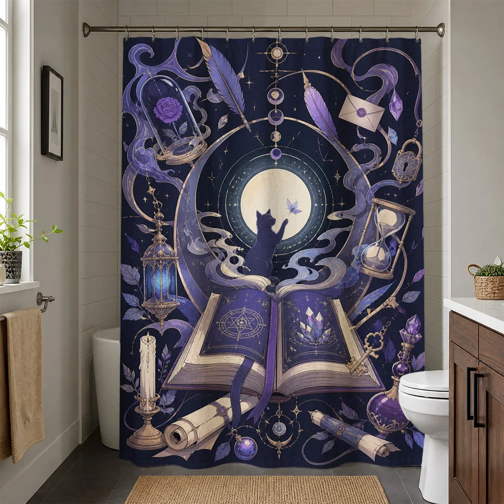 Mystical Celestial Cat Magic Book Bath Shower Curtain Dark Academia Witchy Bohemian Bathroom Decor