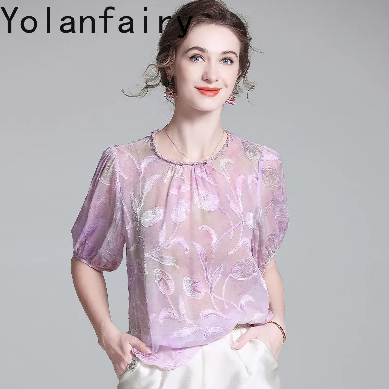 YOLANFAIRY 70% Real Mulberry Silk T Shirts Woman Summer 2026 Elegant Jacquard Blouse Women Clothing Fashion Floral Tee Shirt Top