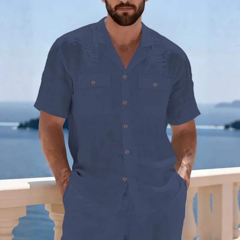 

Men's Blue Linen Blend Two Piece Set Cuban Collar Short Sleeve Shirt and Casual Shorts Beachwear