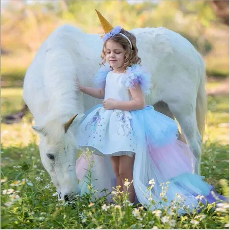 Vestido de princesa COS de unicornio arcoíris para niñas, tutú con capas de pastel, vestido de graduación para niños, Vestidos formales de noche de boda para fiesta y desfile