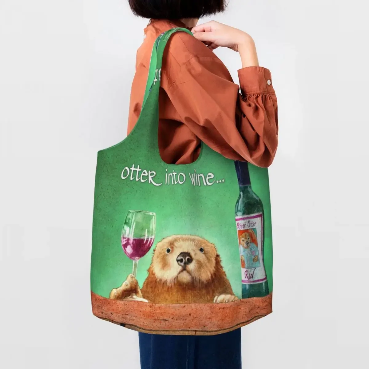 Otter Into Wine Grocery Shopping Tote Bags Women Kawaii Canvas Shopper Shoulder Bag Big Capacity Bag Photography Handbag