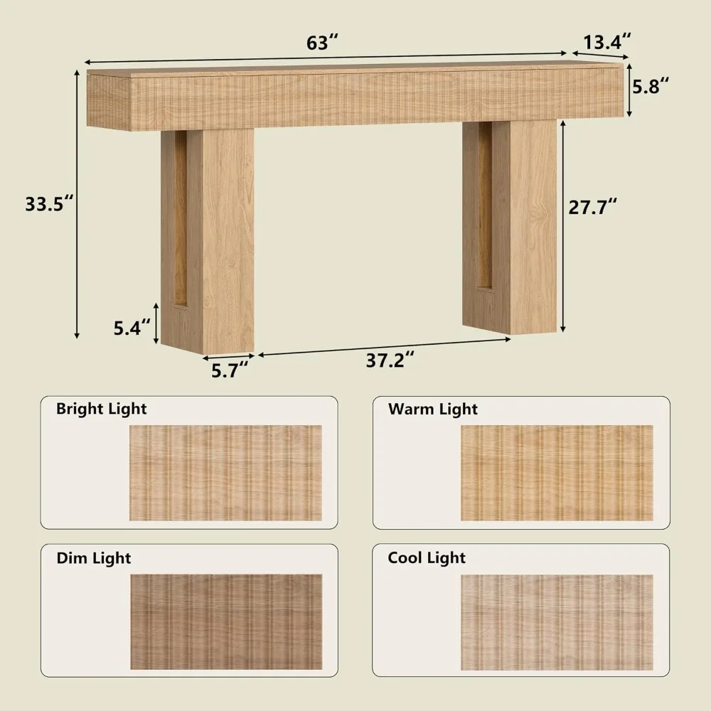 63-Inch Fluted Entryway Console Table, Narrow Wood Sofa Table for Living Room, Hallway, Natural Oak