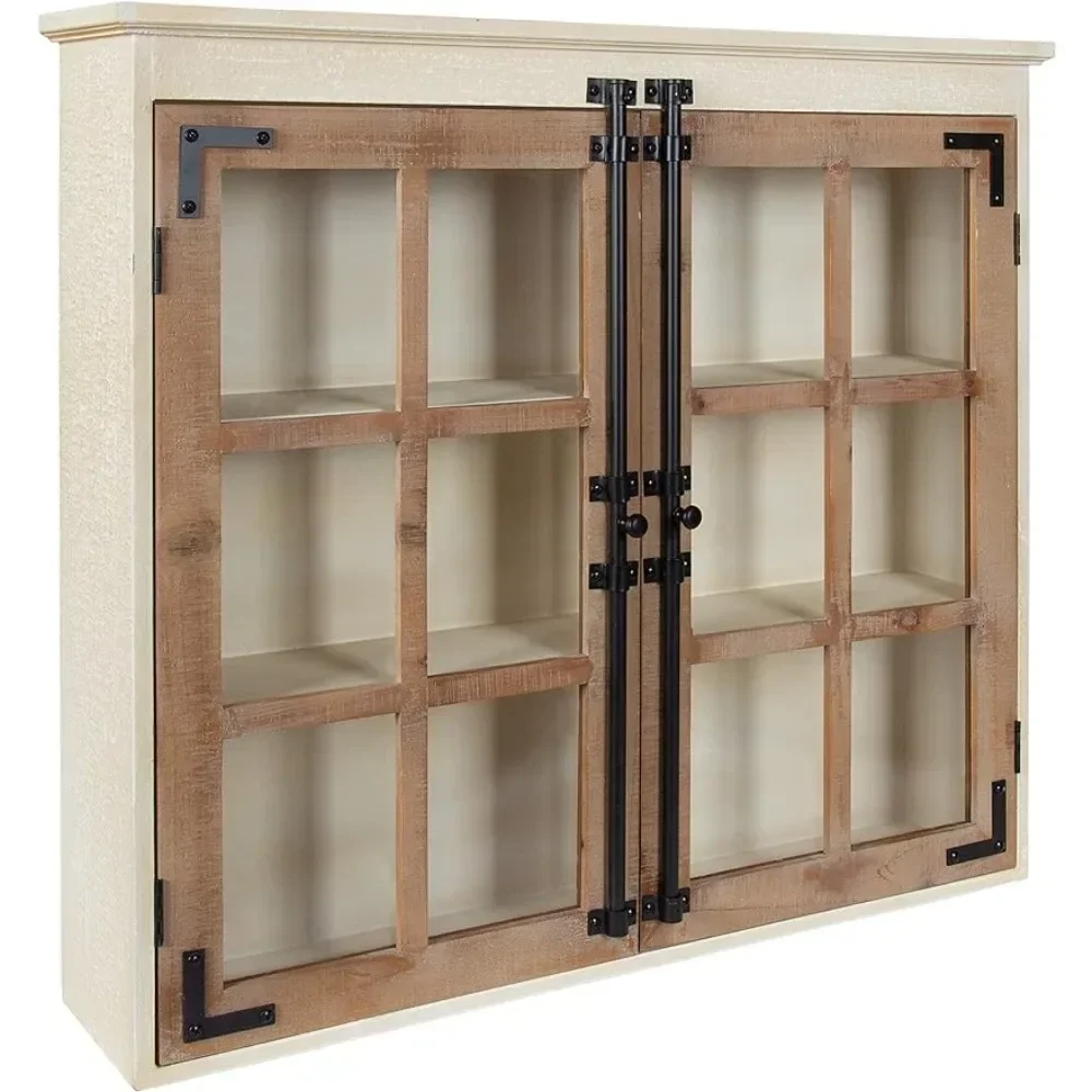 Hutchins Decorative Farmhouse Wood Wall Cabinet, White and Brown, Wall Cabinet with Window Pane Glass Door