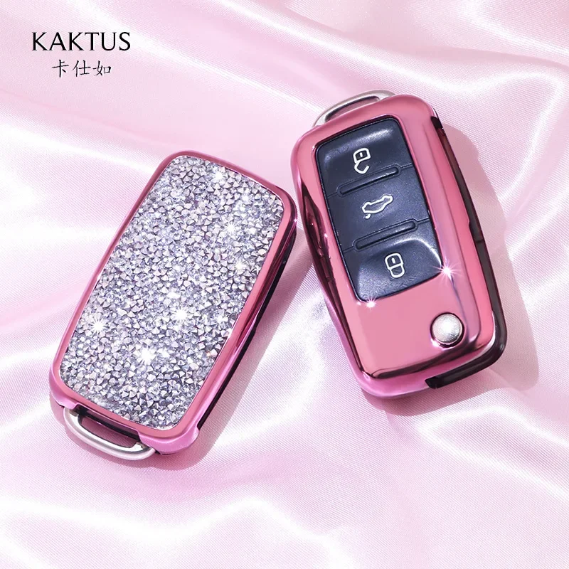 2024 Luxury Diamond Crystal Women Car Key Bag Cover Key Purse for Volkswagen Keychain Accessories Wallet Shell