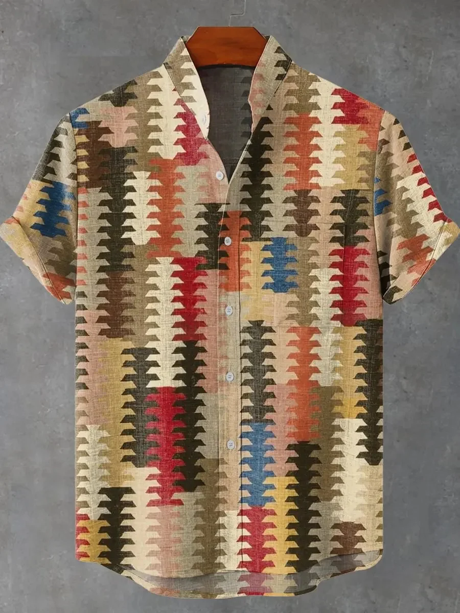 Men's summer new geometric digital print decorative pattern linen short sleeve shirt comfortable casual men's linen top