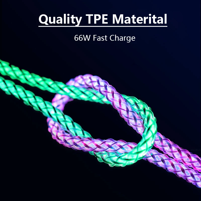 NEW 6A Super Fast Charging Cable RGB Type-C 66W Data Cable USB C Fast Charging for Xiaomi Samsung Huawei Flow Luminous Cable