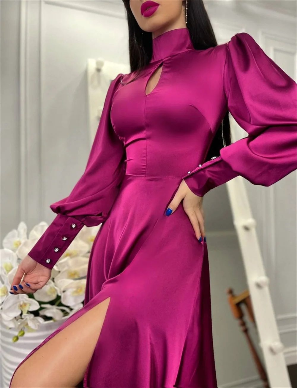 Satin Long Sleeve Prom Dresses 2023 Women's Elegant Formal Occasion Party Gowns High Split with Flounce Long Bridesmaid Dresses