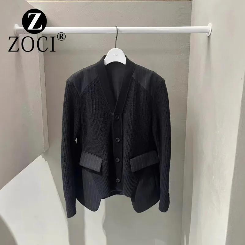 [ZOCI] SACAI Autumn Same Style Long Sleeve Loose Splicing Knitted Suit Jacket Top Women