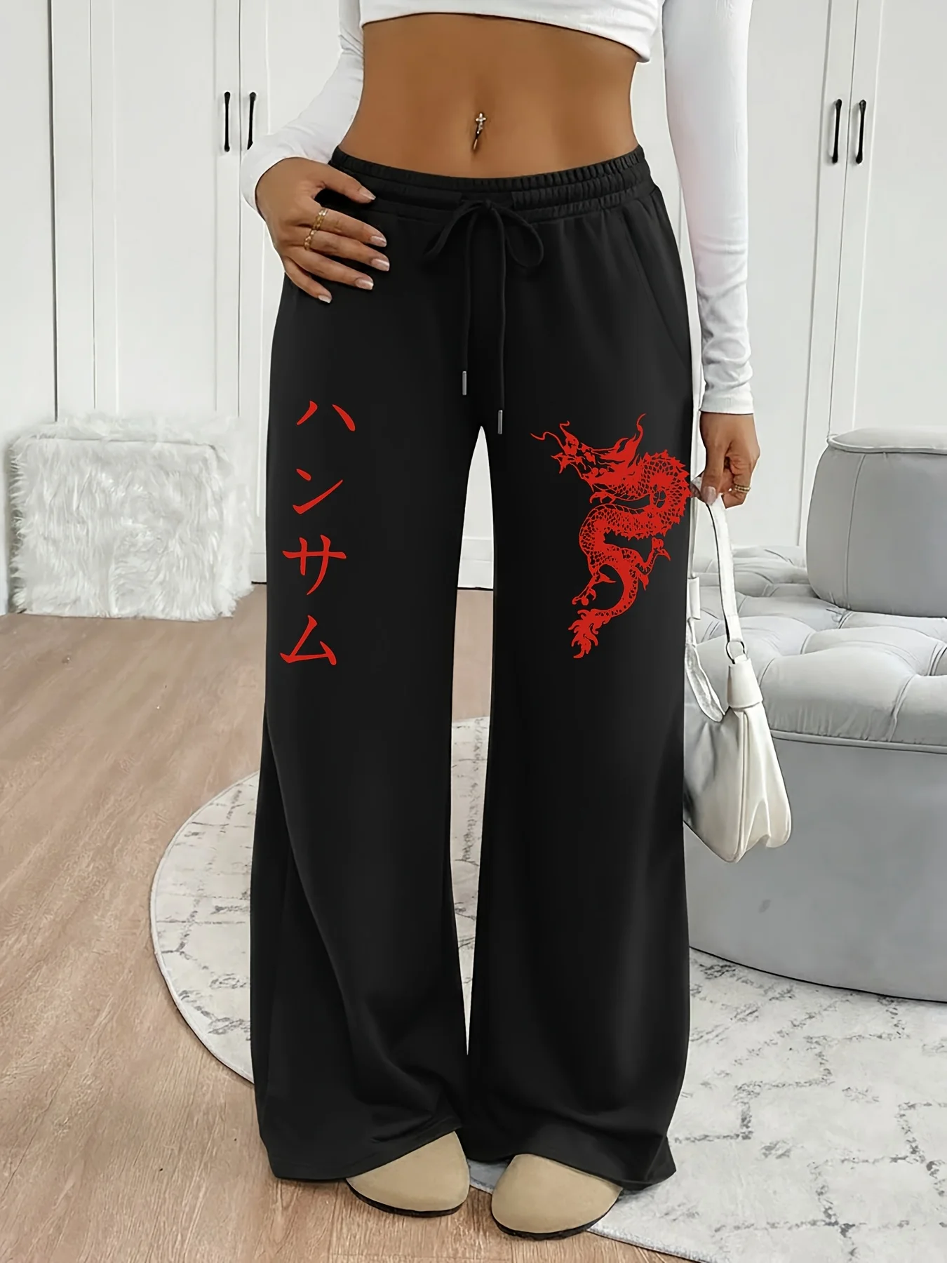 Red dragon and Japanese printed casual sports pants, American casual trend women's straight leg pants