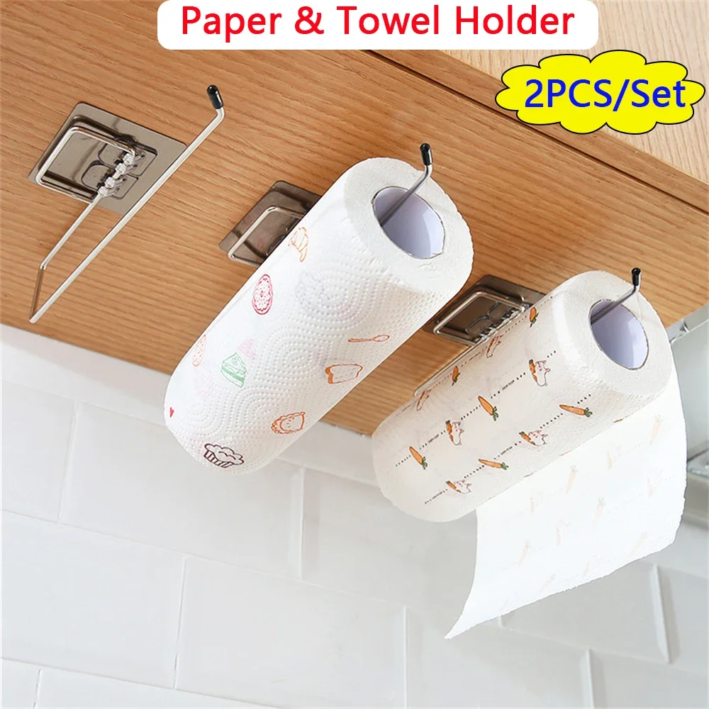 

2PCS Kitchen Paper Towel Holder Adhesive Toilet Paper Rack Towel Hanger Tissue Dispenser Roll Napkin Cabinet Storage Accessories