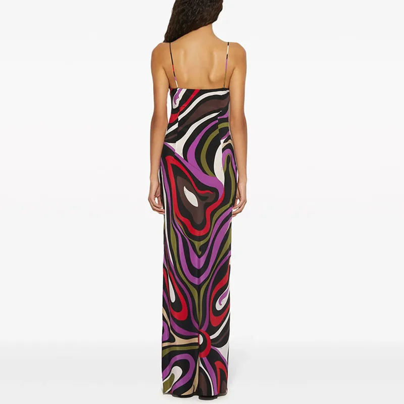 Elegant Sheath Print Satin Robe Dress Woman Sexy Backless Sling V Neck Hollow Hips Dress Summer Boho High Waist Vacation Dresses