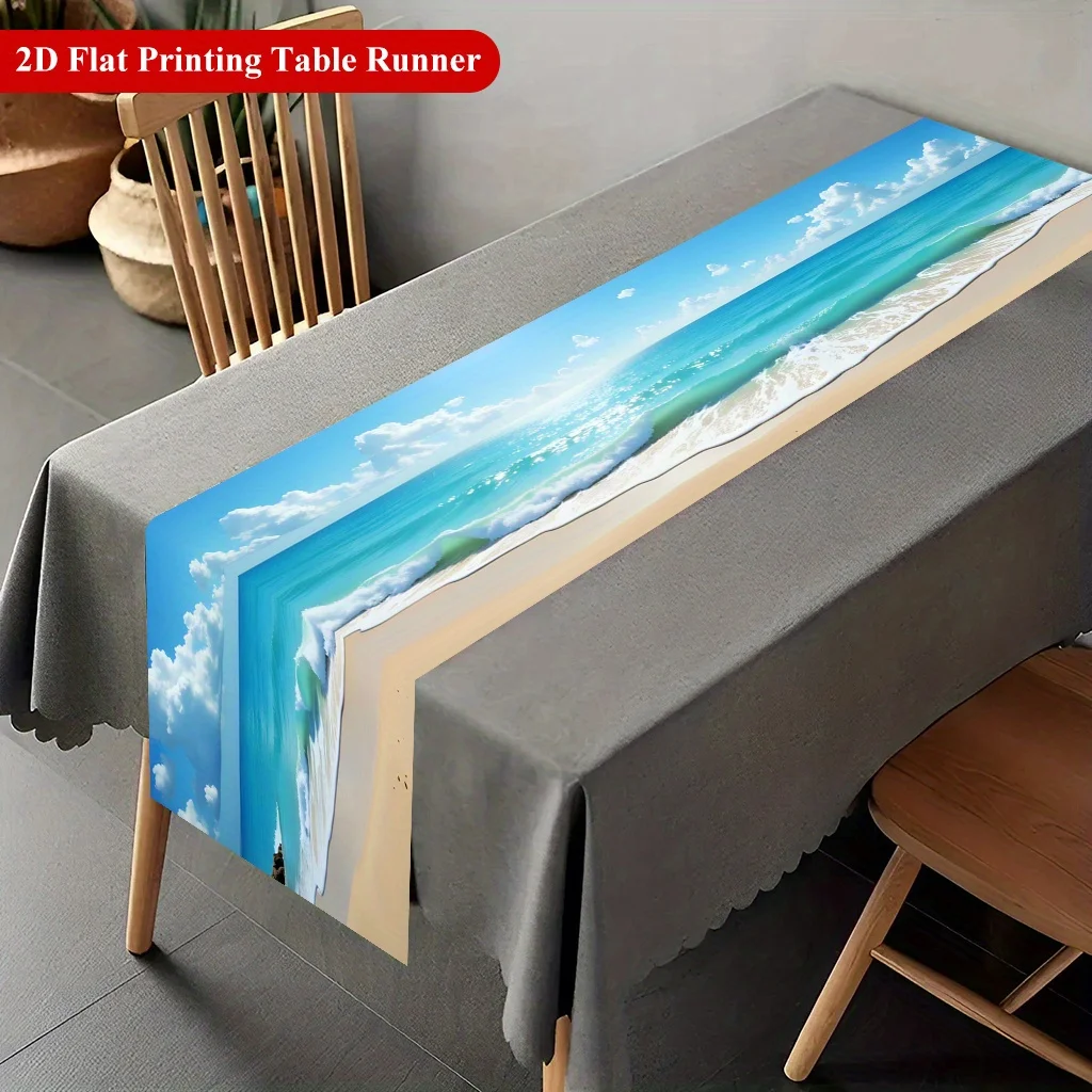 2D‑Printed Sunny Seaside Scenery Table Runner, Decor for Dining Table, Coffee‑Table, Gatherings, Indoor‑Outdoor Parties