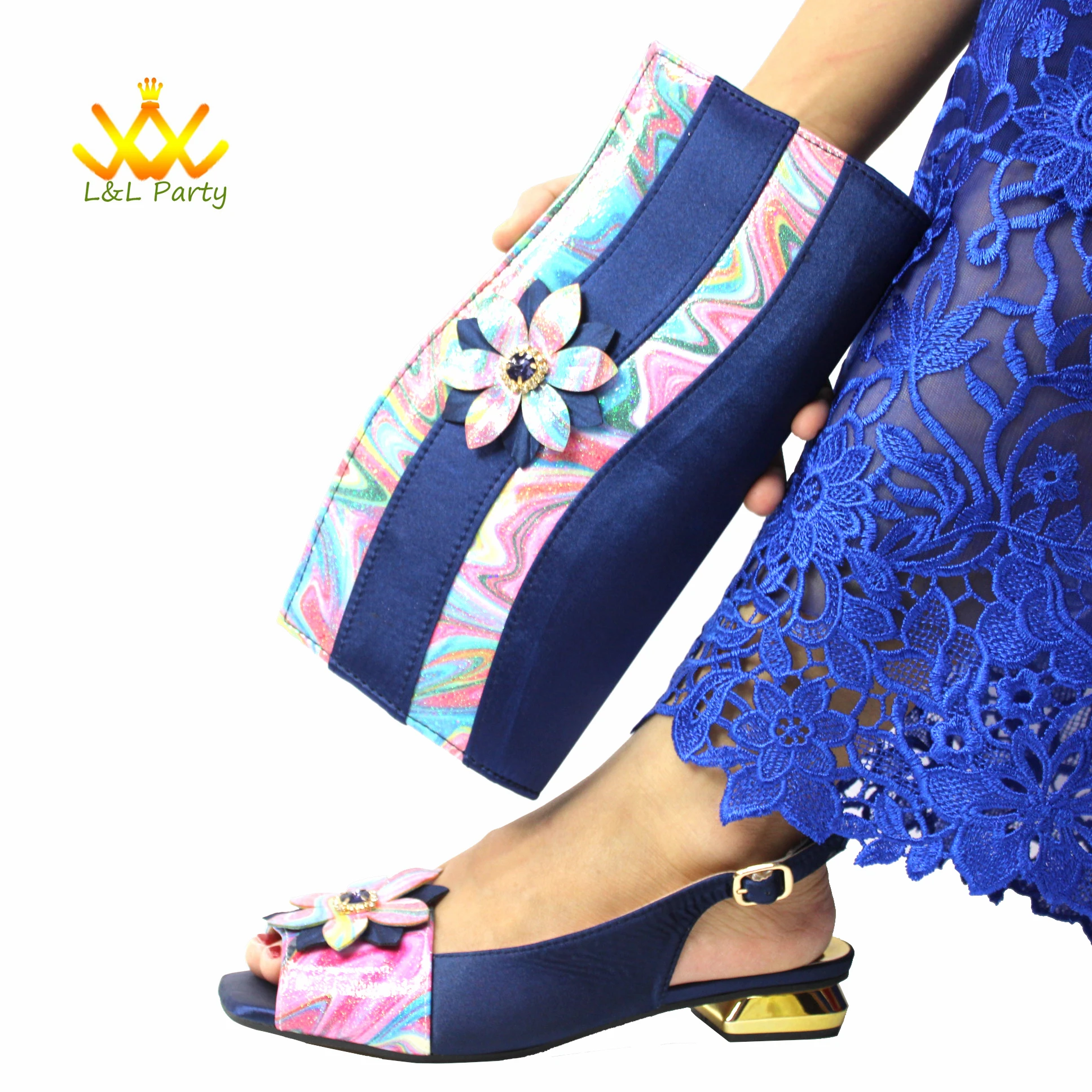 Dark Blue Wimen Sandal Decorate with Flower Shoes Matching Bag Set For Mature Ladies Royal Wedding Party