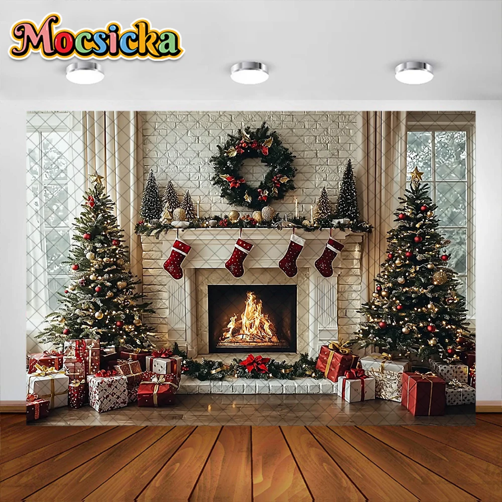 Christmas Photography Background Xmas Socks Wreath Fireplace Holiday Decoration Children Photo Party Backdrops Studio Props