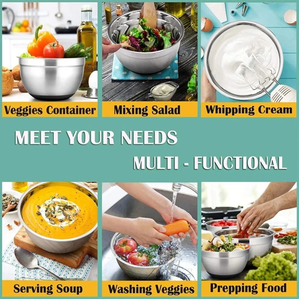 New Stainless Steel Mixing Bowls Non Slip Bases Baking Nesting Salad Bowl Silicone Bottom With Lids Storage Bowls