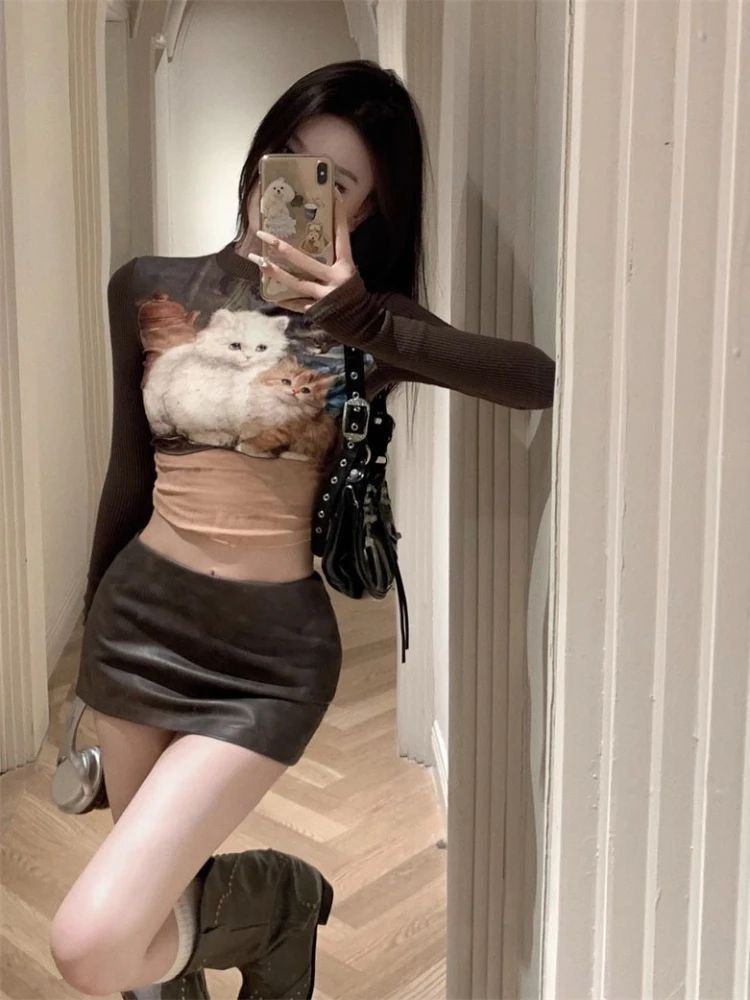 Women Casual Long Sleeve T-Shirts Aesthetics Spring Autumn Solid Slim Pullovers Base Tees Streetwear Cute Cat Print Crop Tops