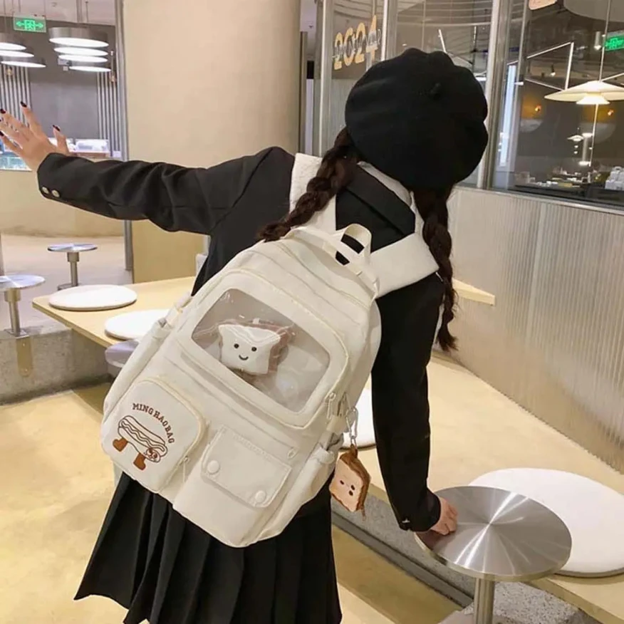 Hot Sale Leisure Bags Student Cartoon Backpack Korean Style Large Capacity Korean Girl Schoolbag Multi-Pocket with Bread Pendant