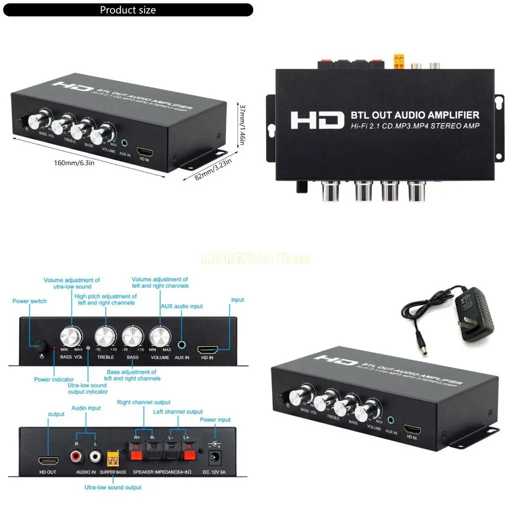 

F62C Sound Amplifiers 2.1 Channel For Home Entertainment And Vehicle Metal Construction