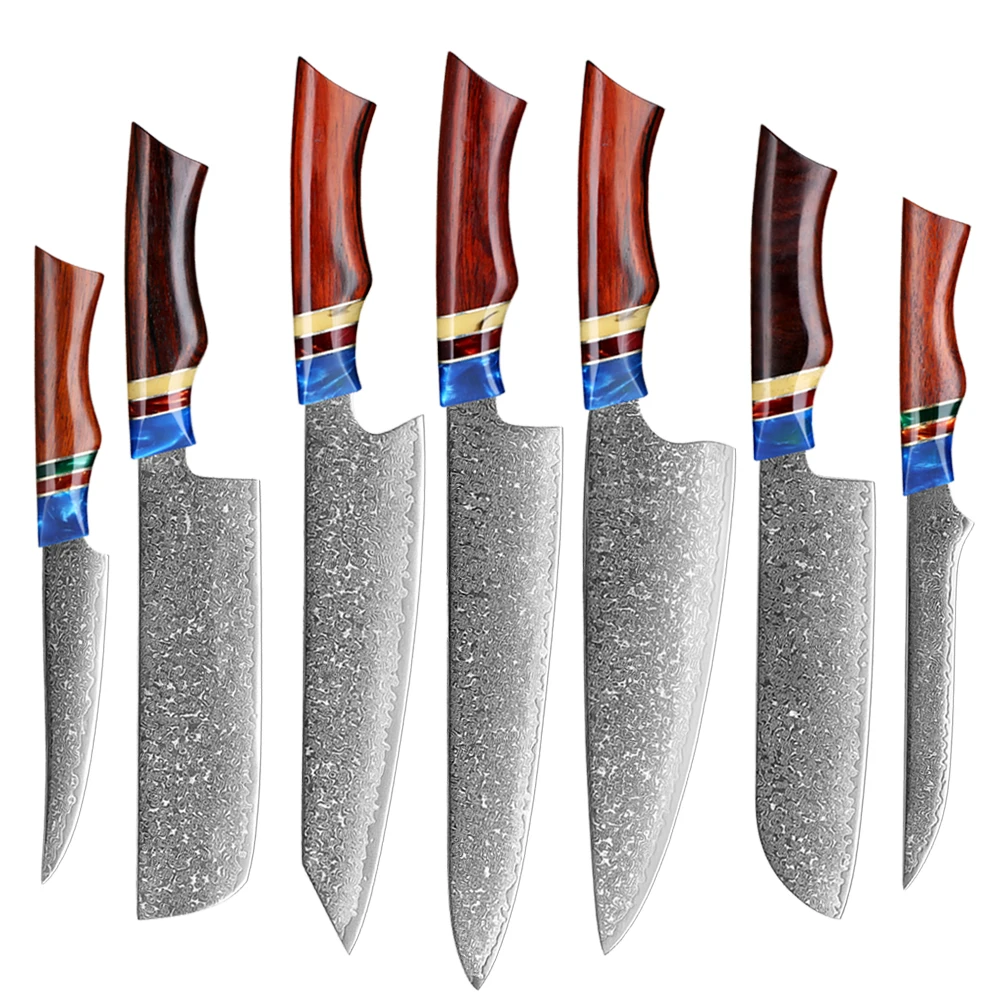 Damascus VG10 Steel Kitchen Knife Set Sandalwood Handle Included Chef Knife,Santoku Knife,Utility Paring Knife Cutting meat fish