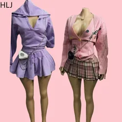 HLJ Winter Embroidery Knitted Sweater Coats Two Piece Sets Women Button Long Sleeve Top And Plaid Aline Skirts Outfit Streetwear