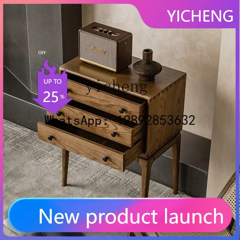 X2  Solid Wood Side Cabinet Modern Simple Living Room Multi-Functional Storage Cabinet Walnut Color Three-Drawer Cabinet
