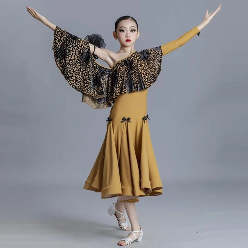 Kaffee-Druck, Ausschnitt, eine Schulter, für Mädchen, moderne Tanzbekleidung, Walzer, Gesellschaftstanz, Swing-Rock, Eiskunstlauf-Kleider, Ballsaal-Kostüme