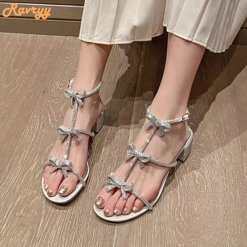 Crystal Bling Bling Bow Sandals Chunky Heel Ankle Strap High Heels Gold Silver Shiny Rhinestone Sandals Women Summer Luxury Shoe