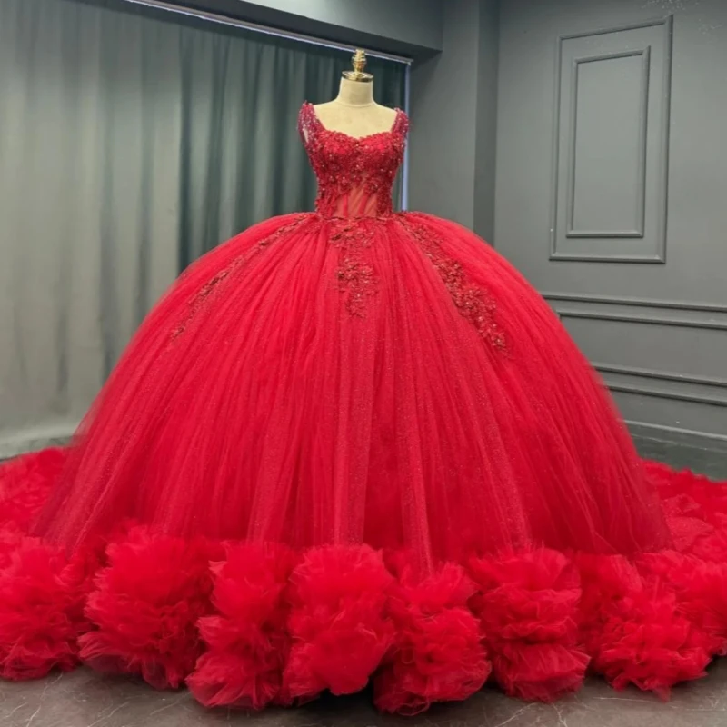 

Красное блестящее платье Quinceanera с открытыми плечами, аппликация, цветок, бисер, кристалл, корсет, многоуровневое тюлевое платье для вечеринки, дня рождения, сладкое 16.