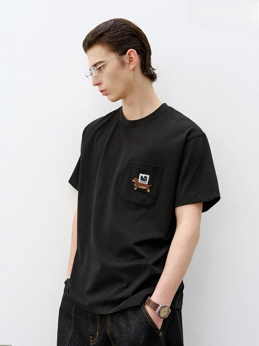 714street Men's Loose Short Sleeve T-Shirt Embroidered Sausage Dog Summer Casual Cotton Top Comfortable Breathable Tee