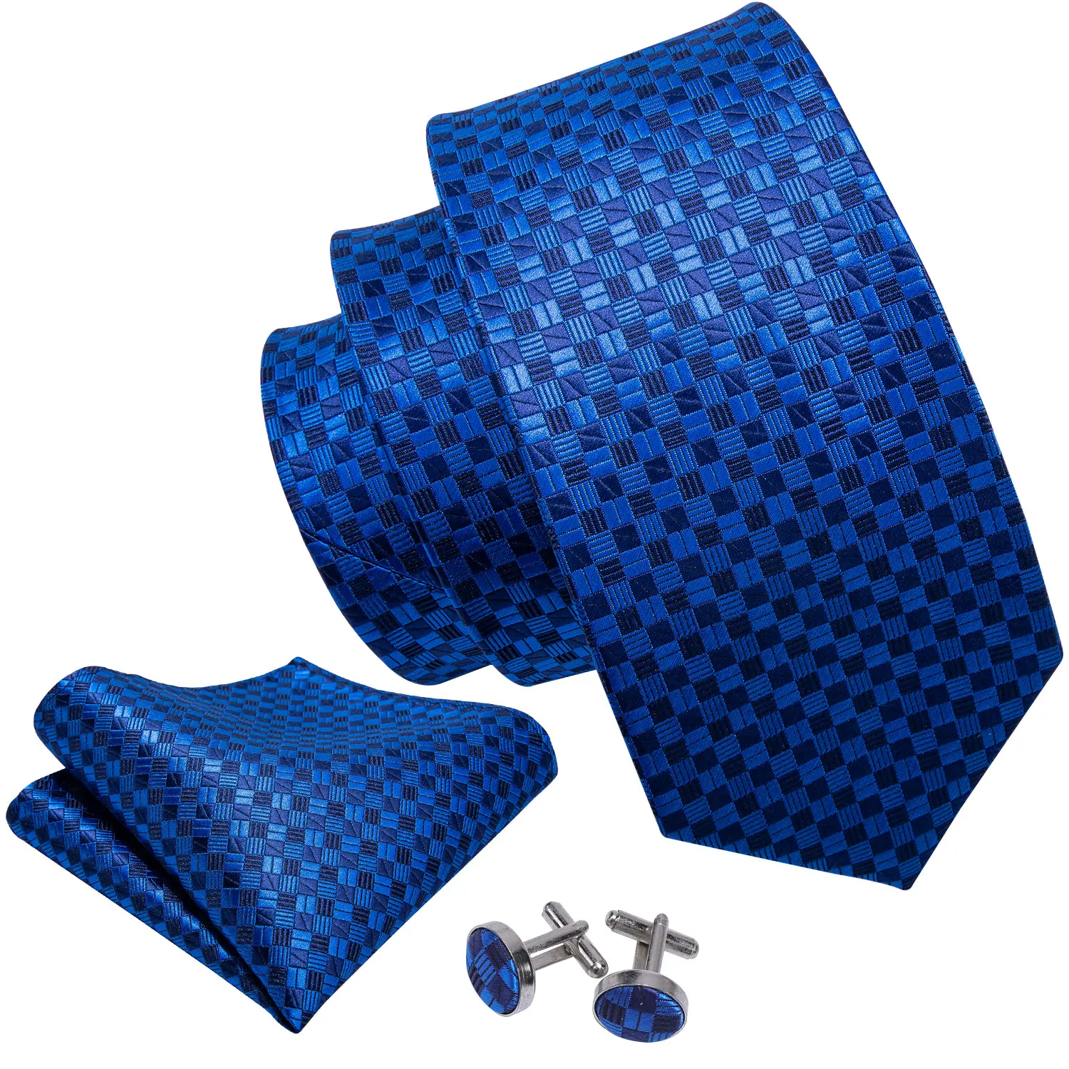 Blue Plaid Men Tie Handkerchief Cufflinks Set Jacquard Necktie for Man Male Wedding Business Ties Formal Dad Husband Gift