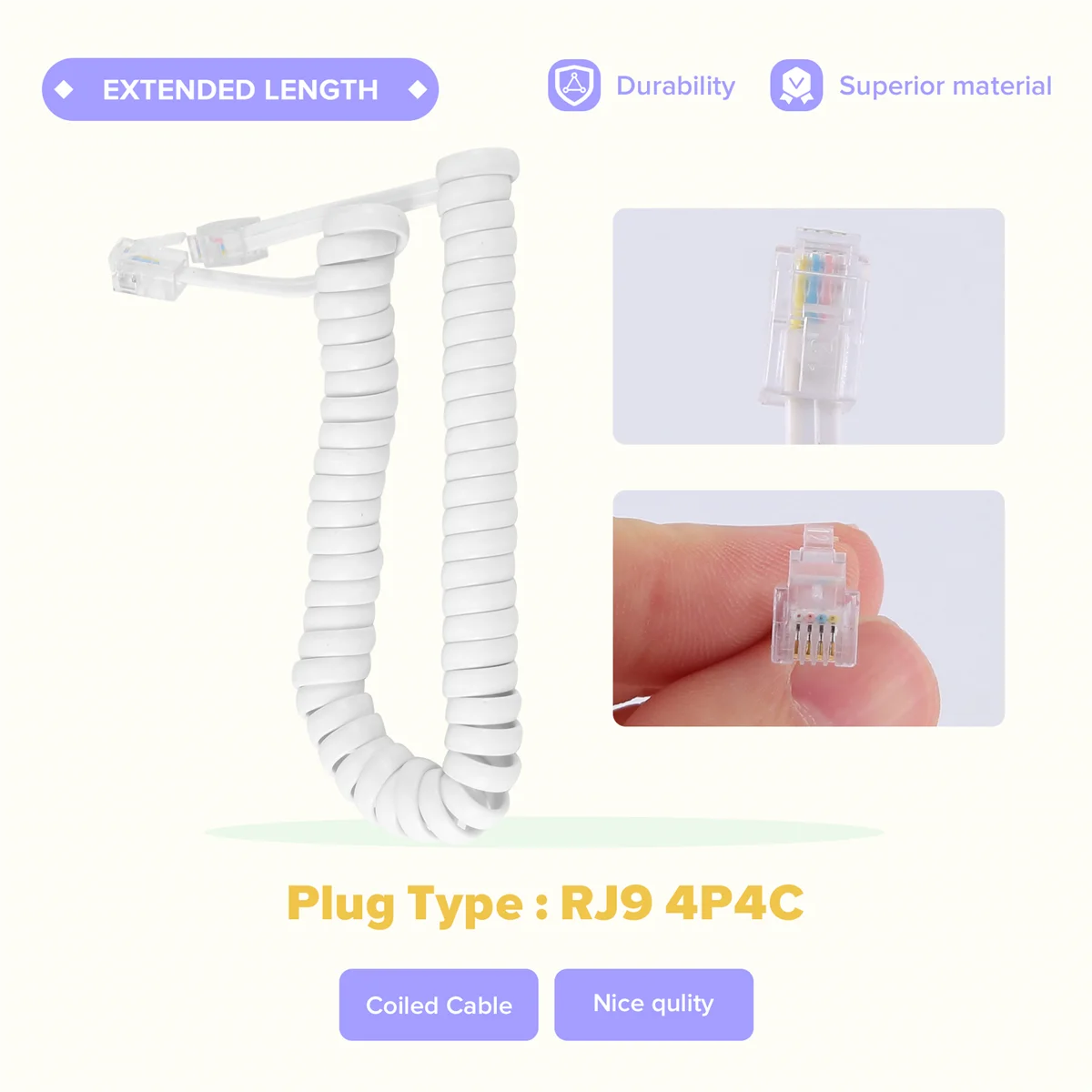 A40I 1.5M 4.9Ft أبيض قابل للتمدد RJ9 4P4C سلك كابل ملفوف للهاتف