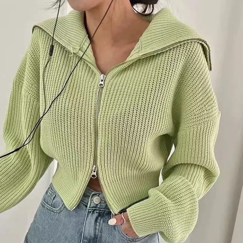 Spring Autumn New Women Short Knitted Sweater Cardigan Jacket Casual Korean Lapel Long Sleeve Ladies Knitwear Cardigan Crop Tops