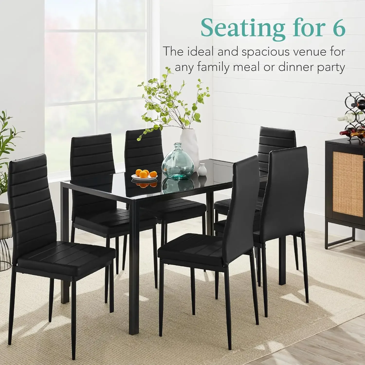 7Piece Glass Dining Set,Modern Kitchen Table Furniture for Dining Room,Dinette,6 Upholstered PU Chairs,Metal Steel Frame - Black