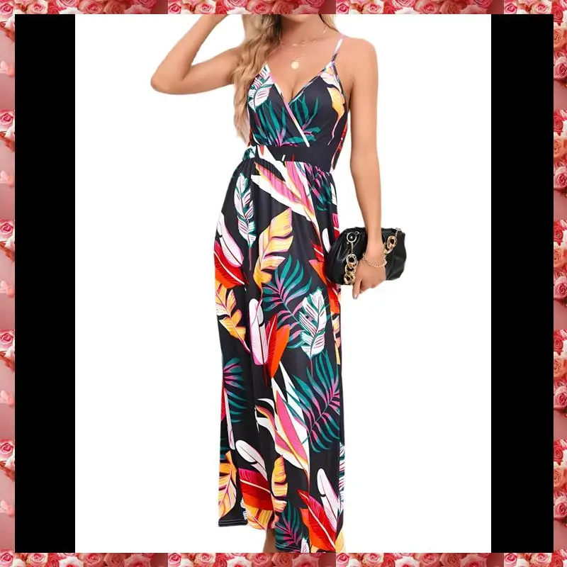 Women's 2025 Summer Maxi Dress Floral Tie Front Spaghetti Strap Casual Boho Beach Flowy Sundress