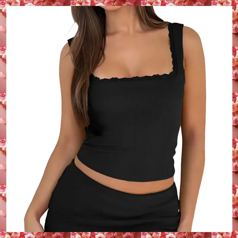 Canotte estive Y2k da donna con scollo quadrato e finiture in pizzo