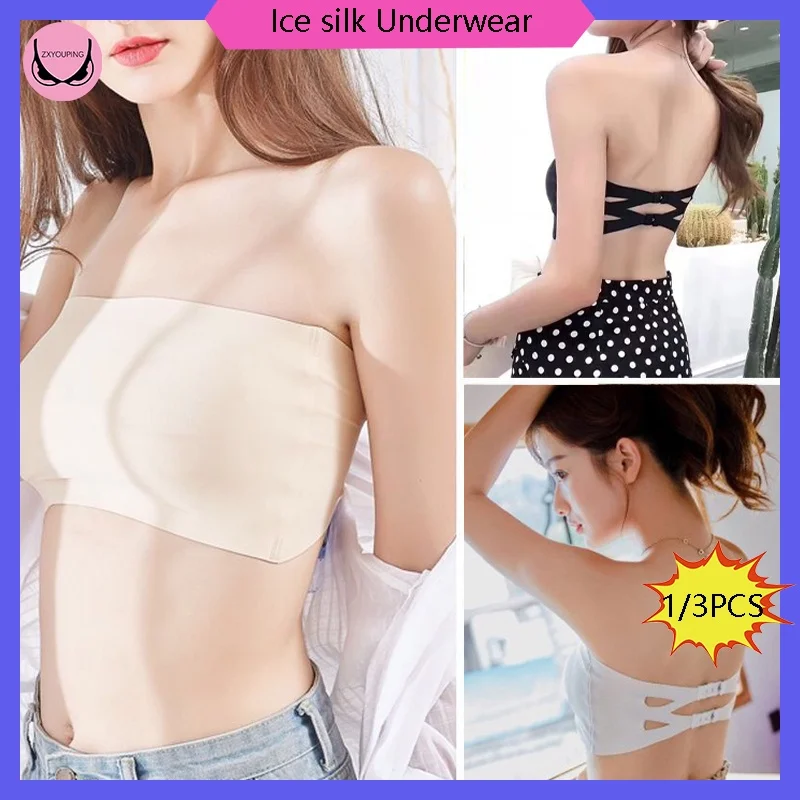 3pcs Strapless Ice Silk Underwear for Women Soft Breathable Wrapped Chest Bra  Hollow Out Beautifying Back Chest Wrap Crop Tops