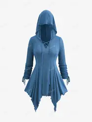 ROSEGAL Plus Size Women's Hooded Sweaters Ruffle Pullovers Blue Lace Up Cinched Long Sleeves Handkerchief Sweater Thin Tops 4XL