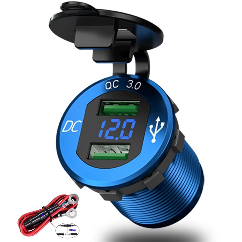 12V/24V Car Charger USB Outlet Dual 36W Quick Charge 3.0 Aluminum Socket 12V Motorcycle USB Outlet with LED Voltmeter Waterproof