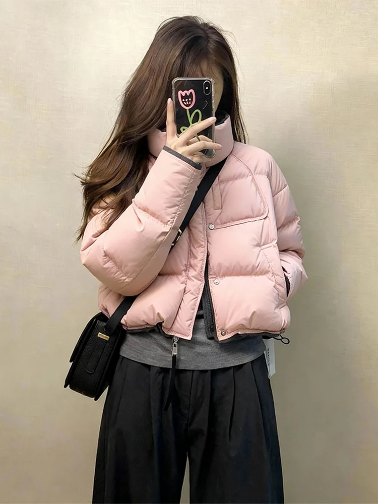 

Розовая стеганая хлопковая куртка в корейском стиле, теплая зимняя одежда для повседневной носки, свободный крой, на молнии, однотонная