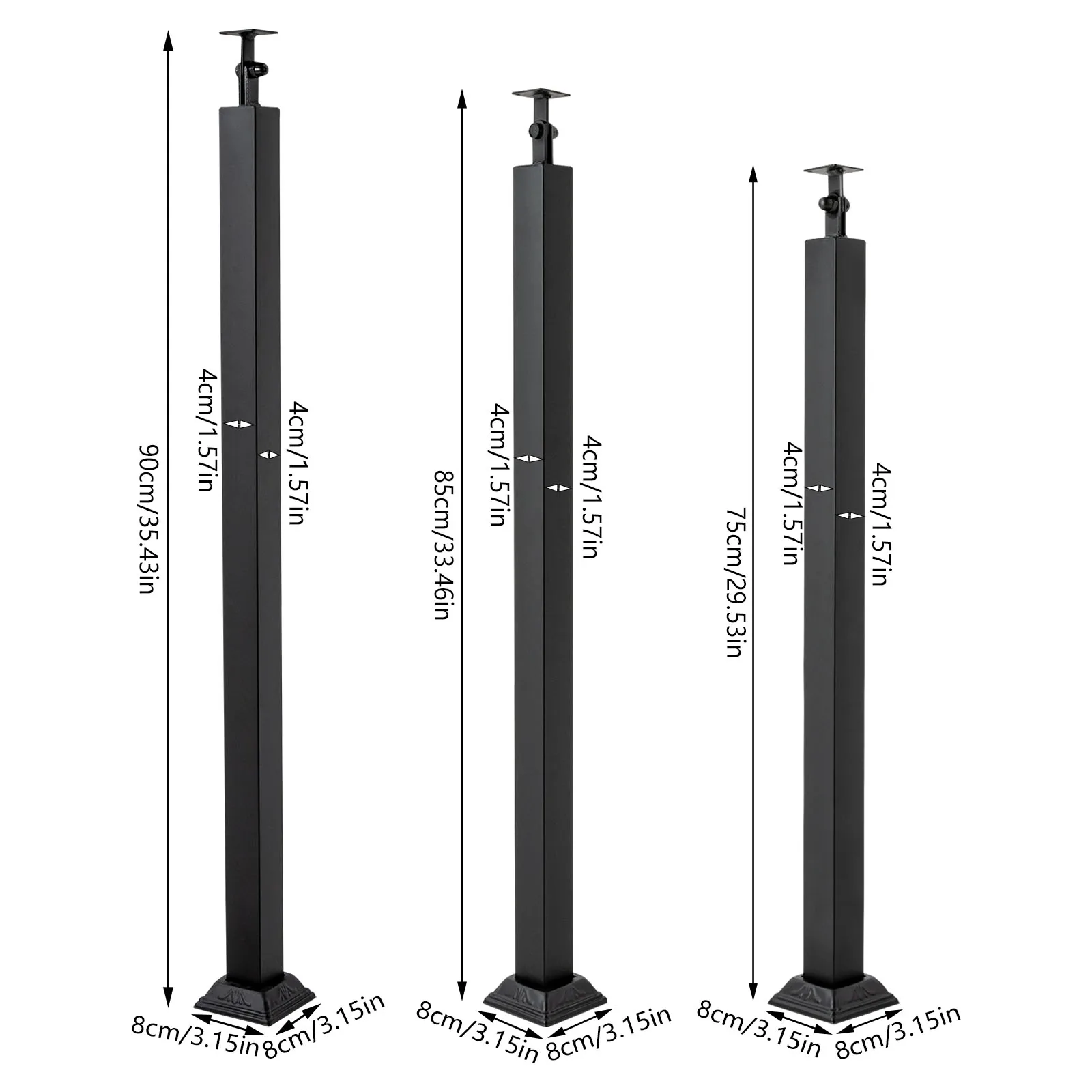 Stair Balusters Post, Black Square Metal Railing Spindles with Flat & Adjustable 270° Angle Bracket, Banister Column