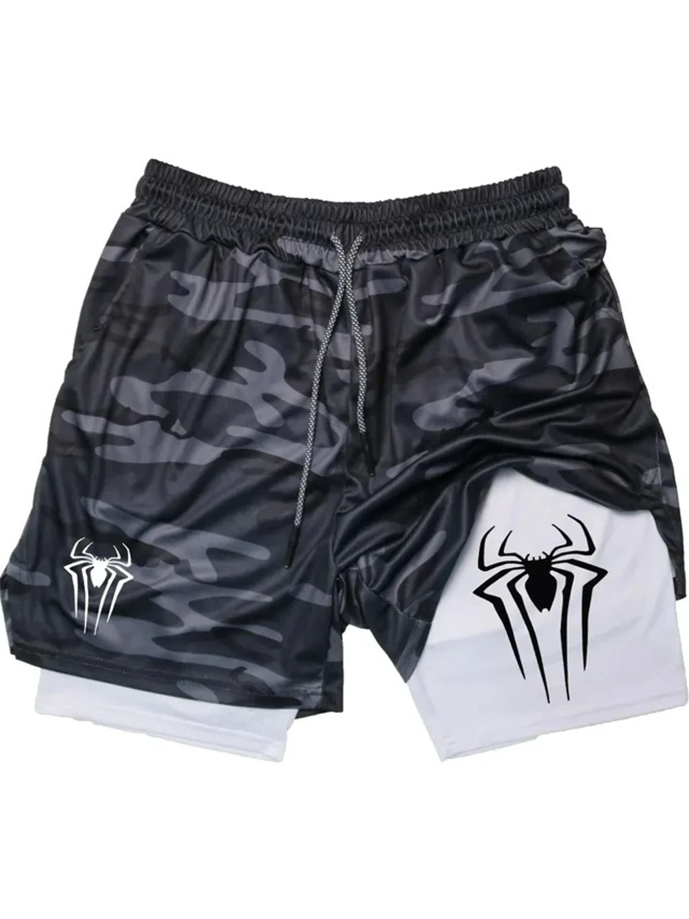 

Men's Double Layer Fitness Sports Pants Light-Resistant with Integrated Phone Pocket And Towel Ring Spider Print