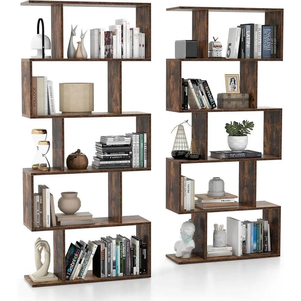 

5-Tier S-Shaped Bookshelf with Anti-Toppling Feature, Room Divider, Rustic Brown