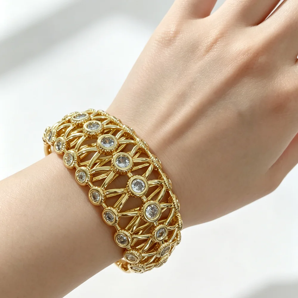 1 wide version double-layer hollow zircon open copper plated 18K gold retro light luxury high-quality women's bracelet