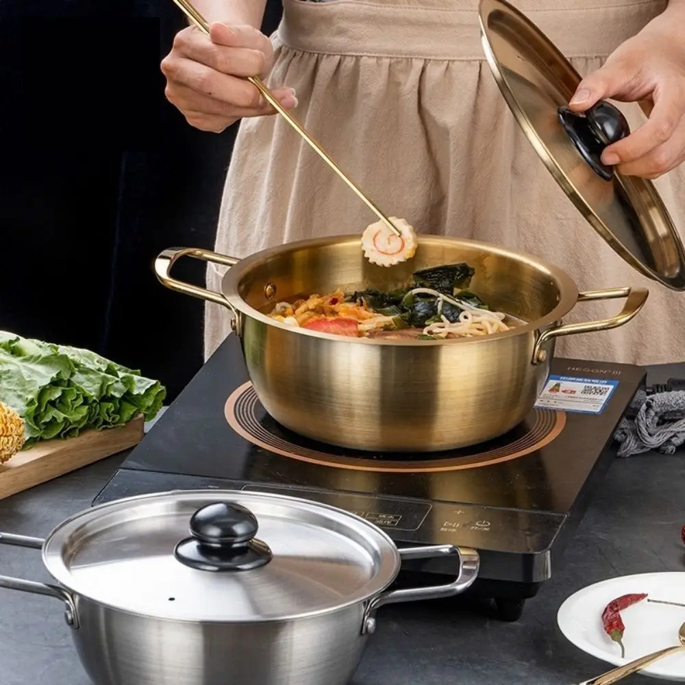 New Mini Ramen Pot with Lid Gold Plated Soup Pot Stainless Steel Double Ear Hot Pot Camping Cookware