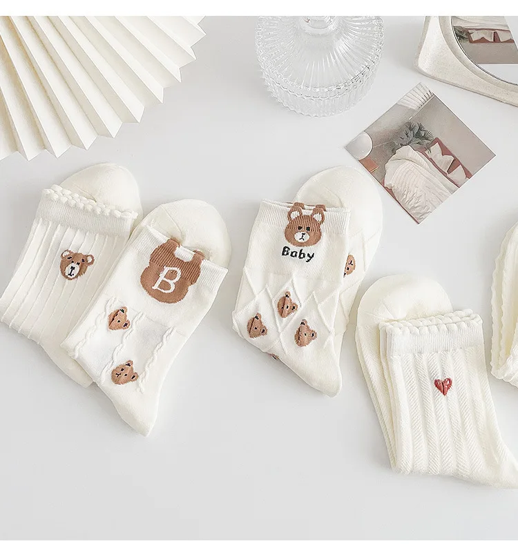

5 Pairs Medium Socks Women's Ins Japanese Korean Socks Cartoon Stripes Girls' Harajuku Socks Autumn Knitted High-quality Socks
