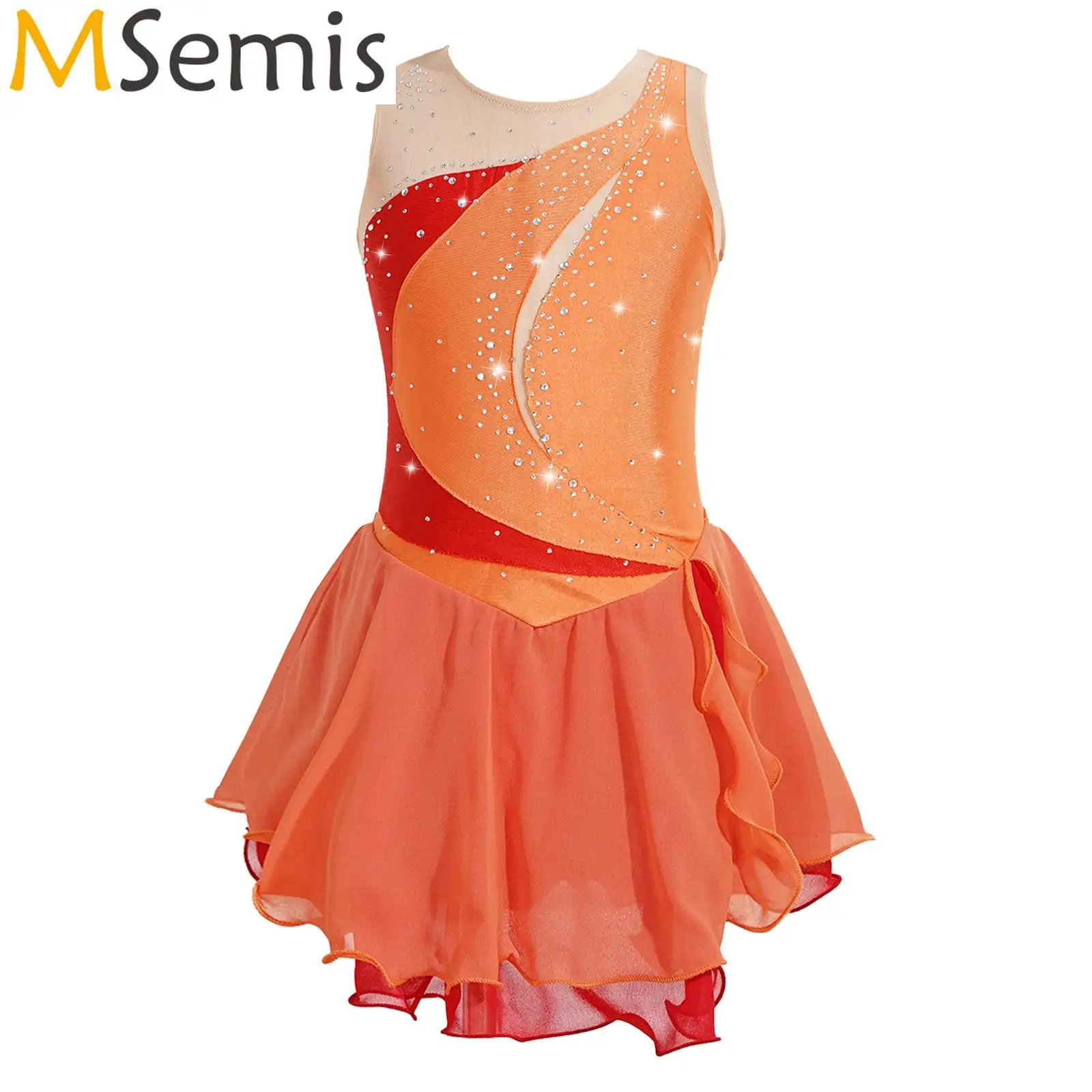 

Kids Girls Gymnatics Ballet Lyrical Dance Dress Round Collar Shiny Rhinestone Hollow Back Ruffle Figure Skating Dance Dress